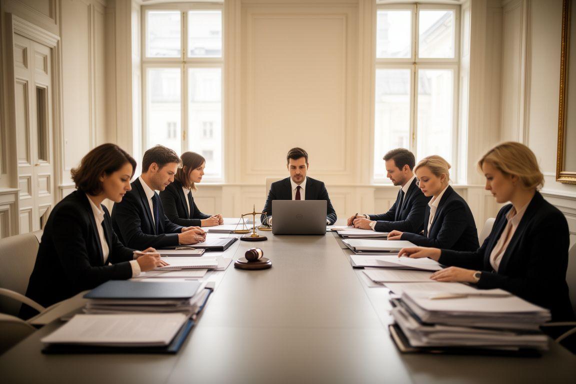 Juristisches Team in einem hellen Wiener Besprechungsraum mit geordneten Akten und Laptop
