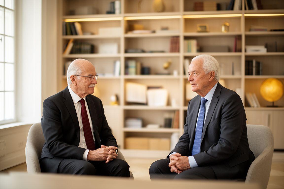 Zwei Partner in einer hellen Wiener Kanzlei mit offenen Regalen und ruhiger Besprechungssituation