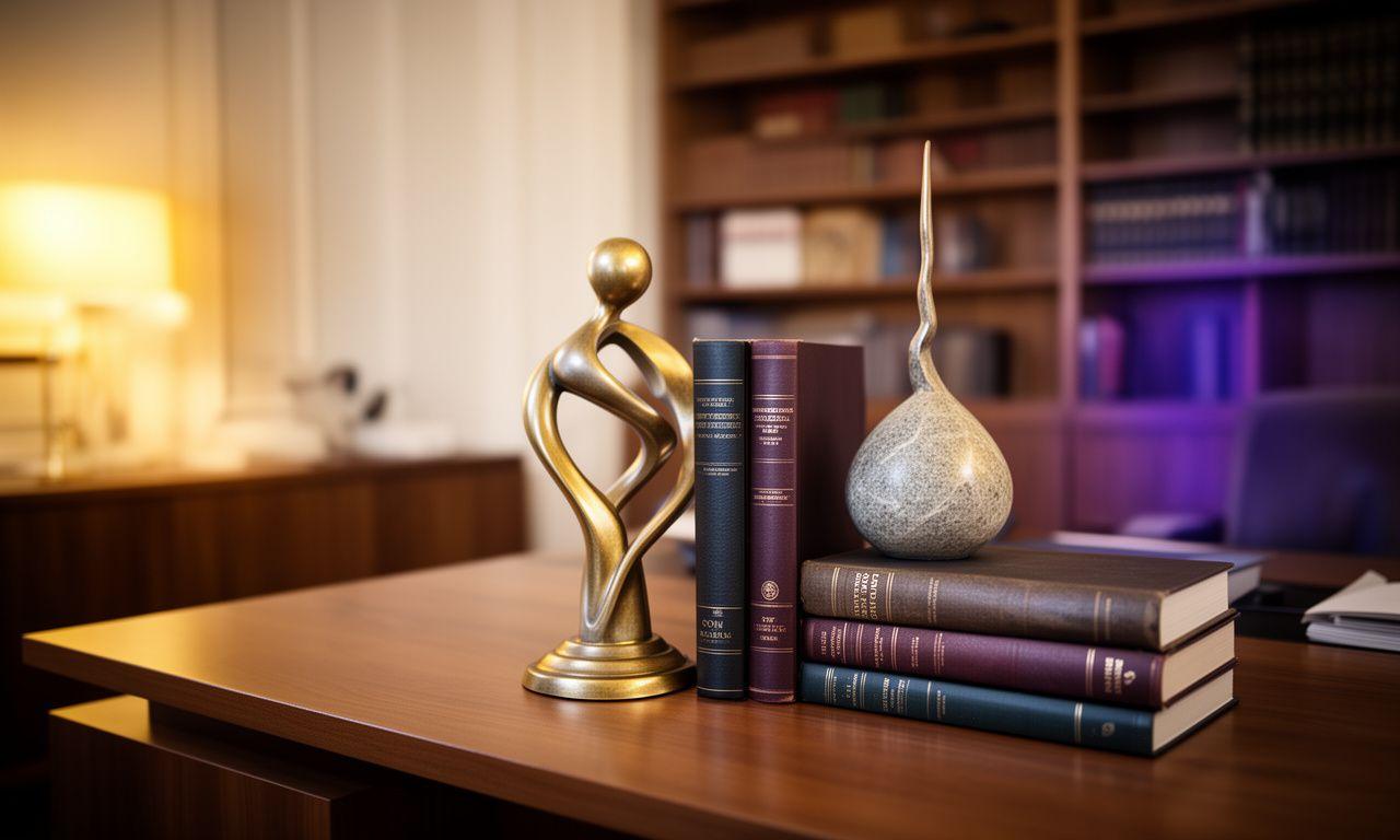 Moderne Wiener Kanzleiszene mit Büchern, Licht und einer stilisierten Dialog-Skulptur
