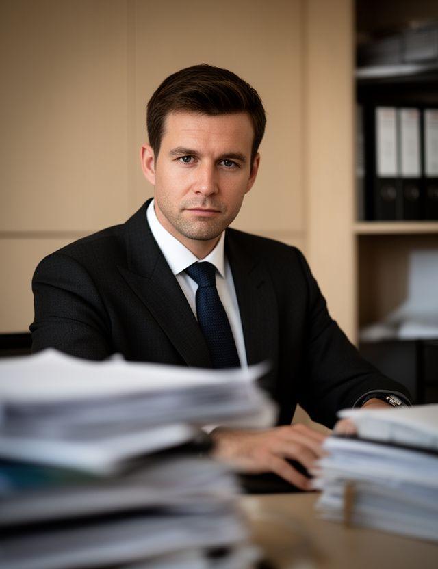 Partner in einem modernen Wiener Büro mit dunklem Anzug und konzentriertem Blick auf Akten